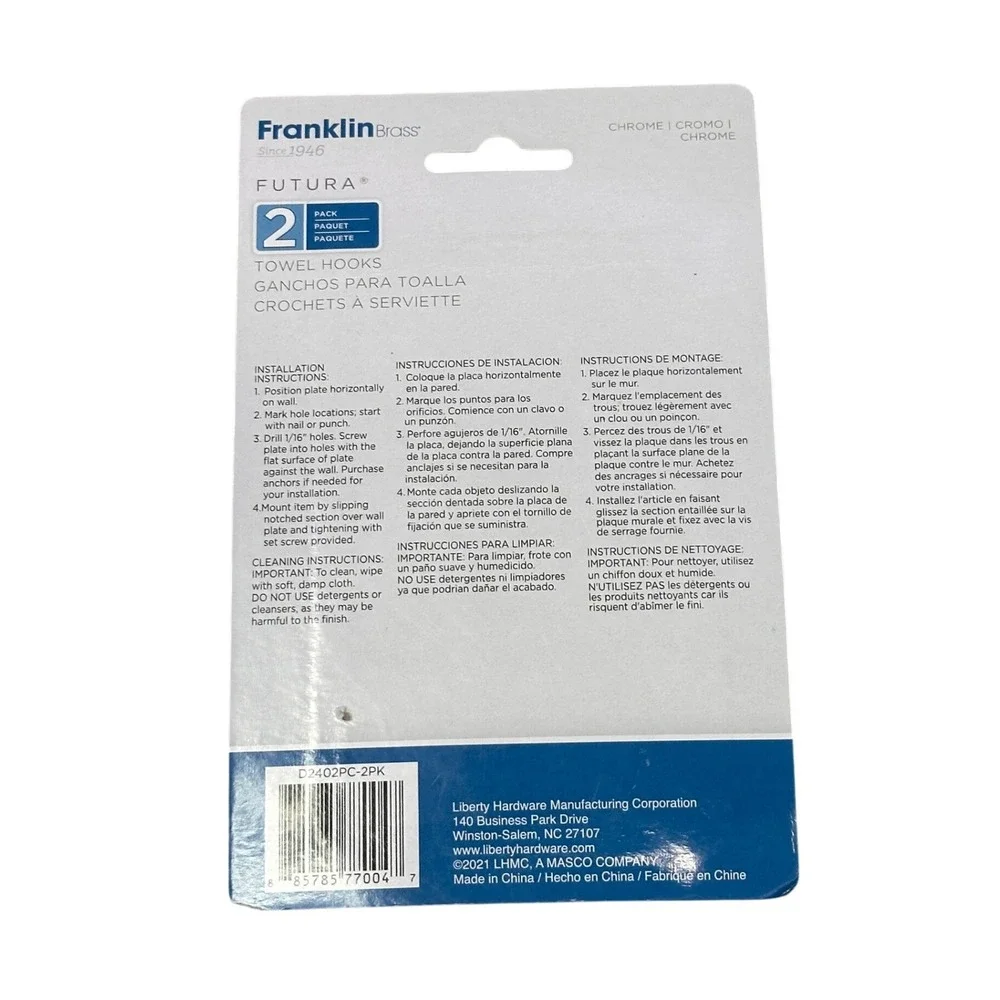 Franklin Brass Futura Chrome Towel Hooks 2‎ Pack Wall Mount D2402PC-2PK New
